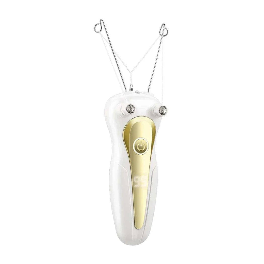 Electric body hair remover with cotton thread epilation, rechargeable and cordless for gentle and efficient hair removal on sensitive areas.