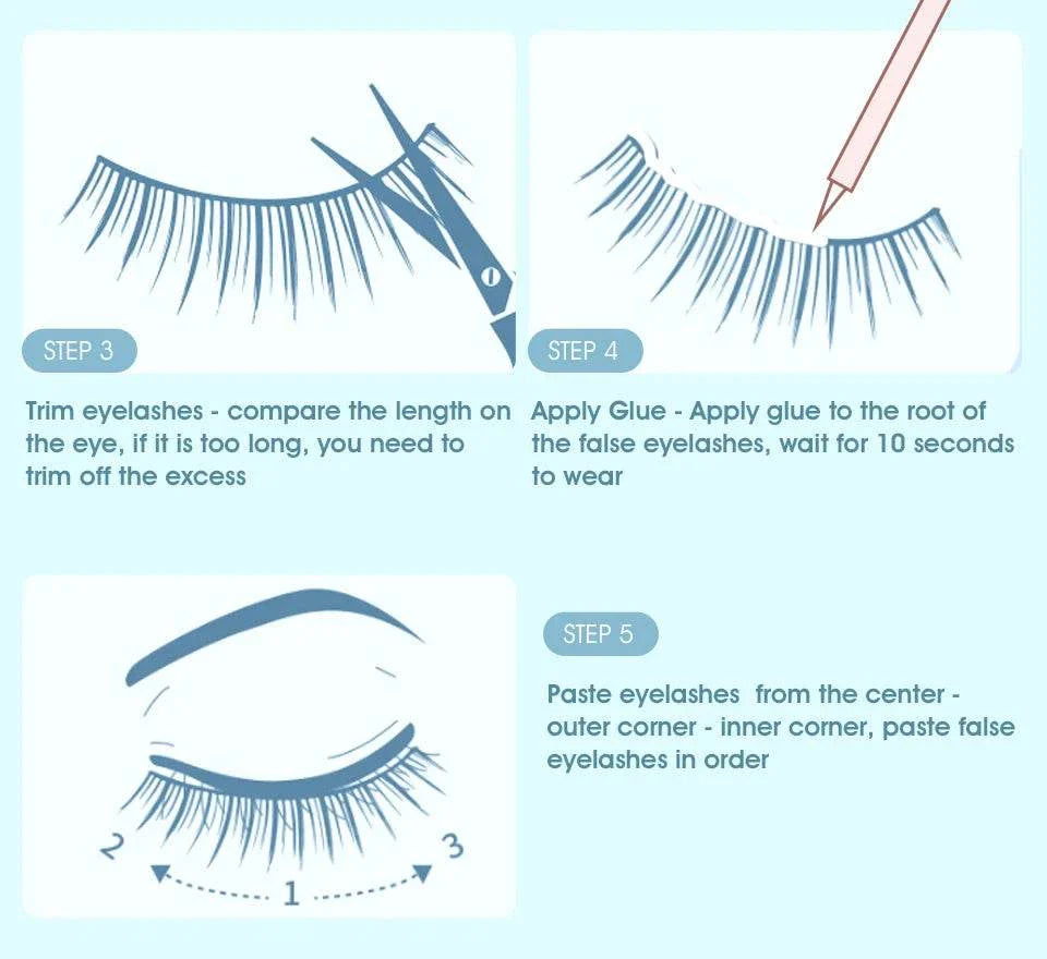Step-by-step illustration of applying IMAGIC 5ml False Eyelash Extension Glue with trimming, gluing, and placing false eyelashes.