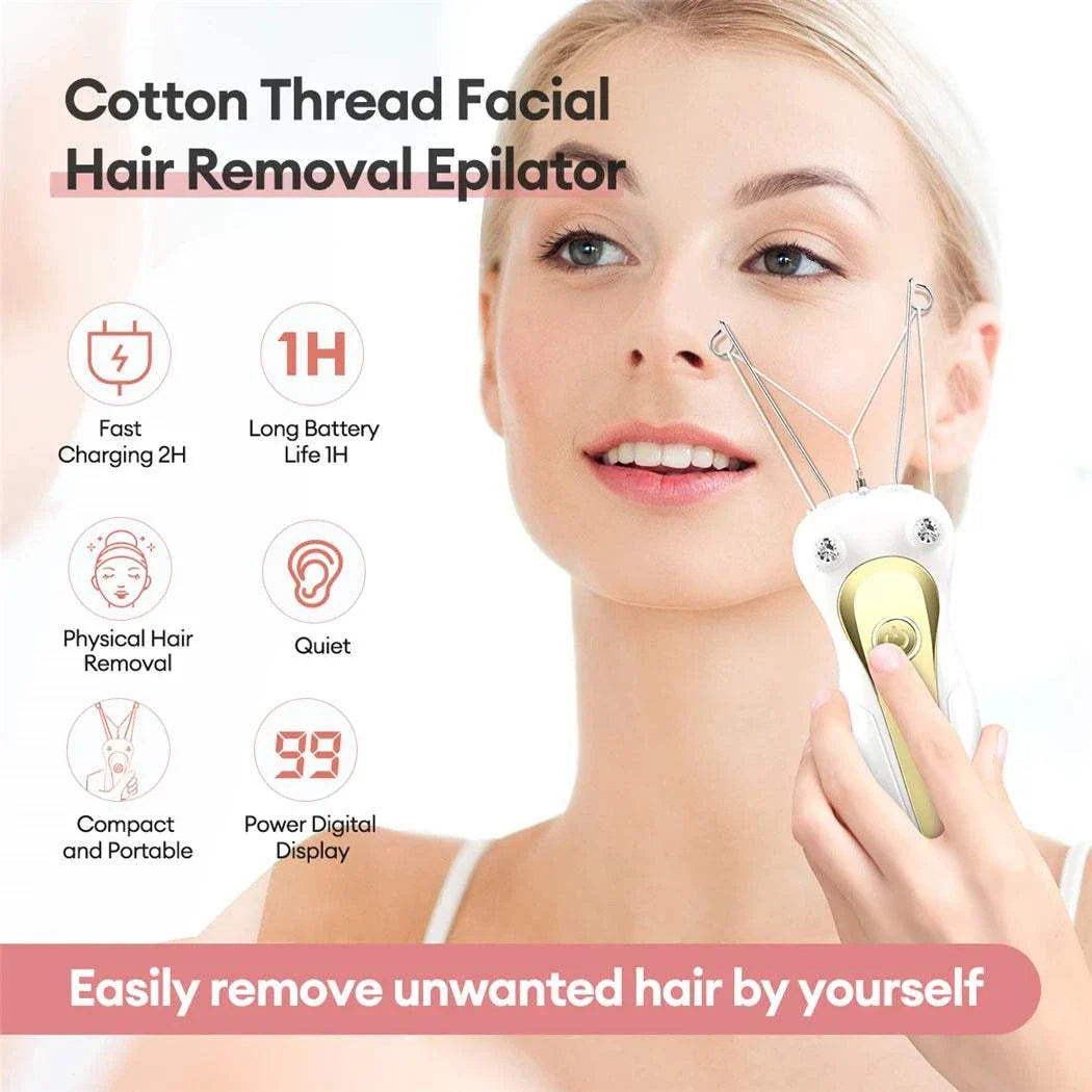 Woman using electric body hair remover with cotton thread epilation technology for facial hair removal
