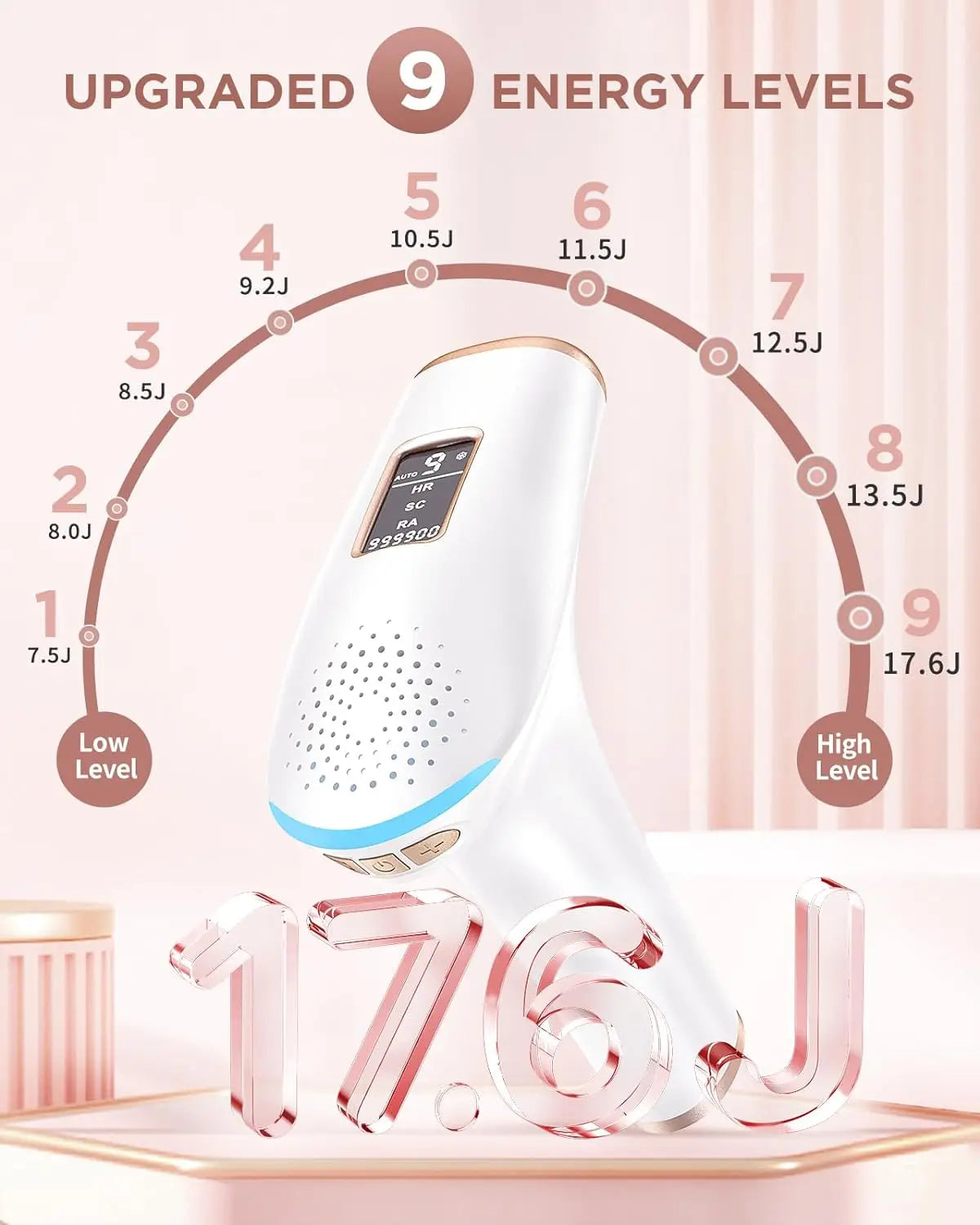 IPL hair removal laser device with 9 adjustable energy levels and LED display for home use