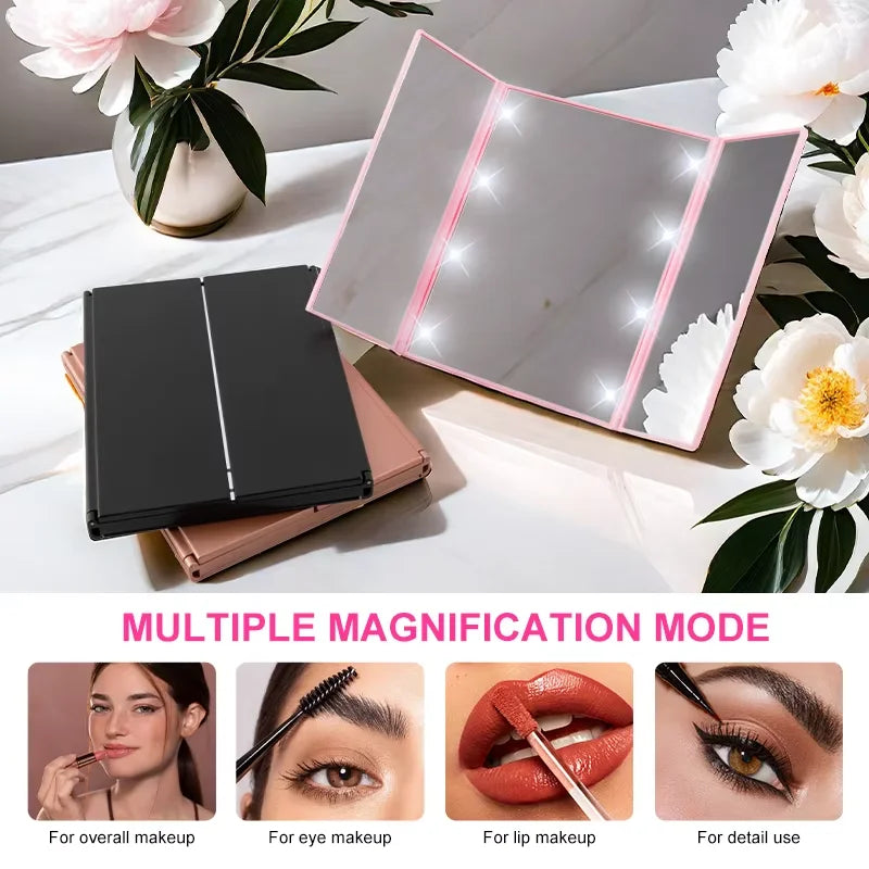 Three-sided LED makeup mirror with bright LED lights, multiple magnification modes, and portable foldable design for travel and detailed makeup application