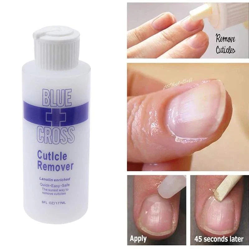Foot Cuticle Remove product bottle with application steps showing cuticle removal process on fingernails