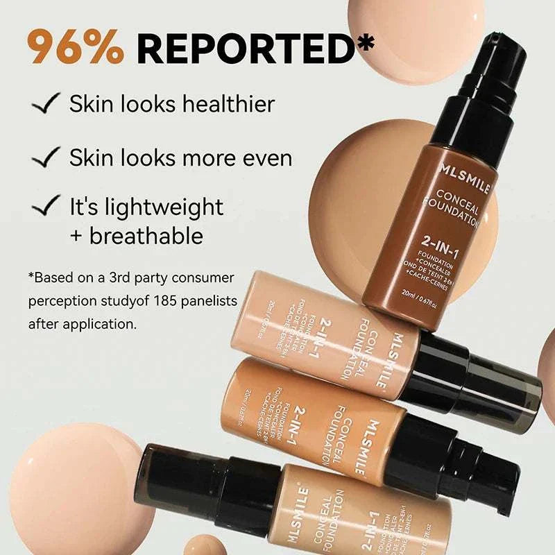Face Foundation Cream 2-in-1 concealer and foundation bottles in various shades with lightweight breathable formula and full coverage for healthier, even skin.
