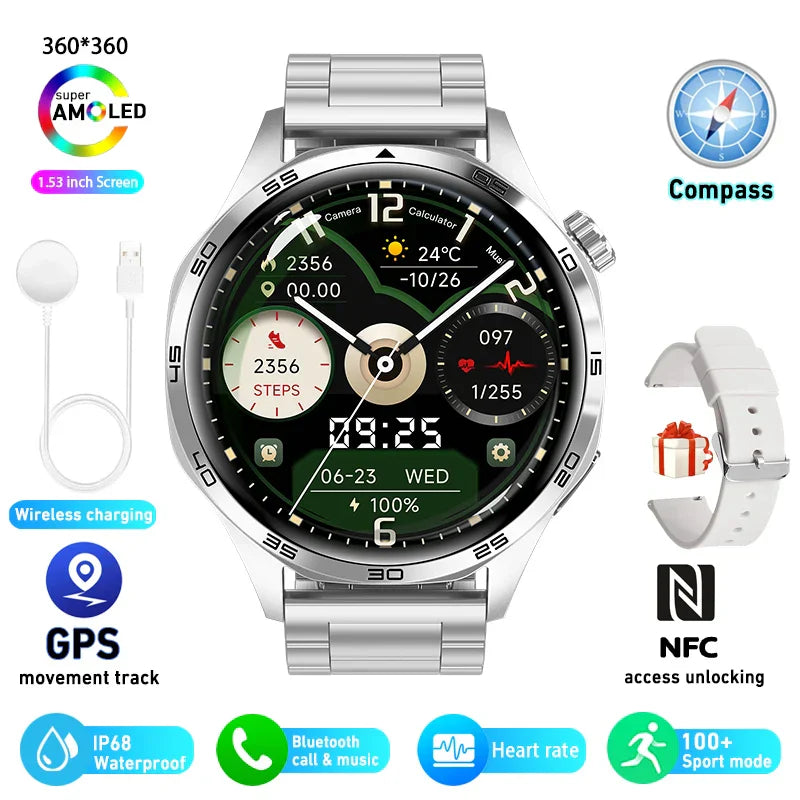 HUAWEI GT5 Pro Smartwatch with 1.53-inch 360x360 AMOLED display, GPS, NFC, heart rate monitor, IP68 waterproof, Bluetooth calling, wireless charging, and 100+ sport modes.