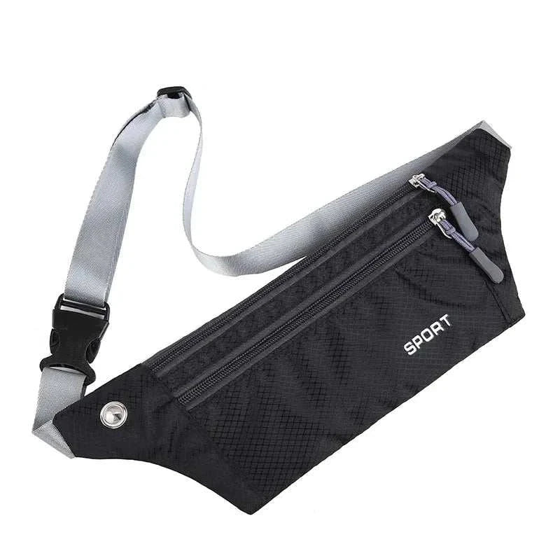Black nylon waist and chest bag with adjustable gray strap and dual zipper pockets for sports and travel use
