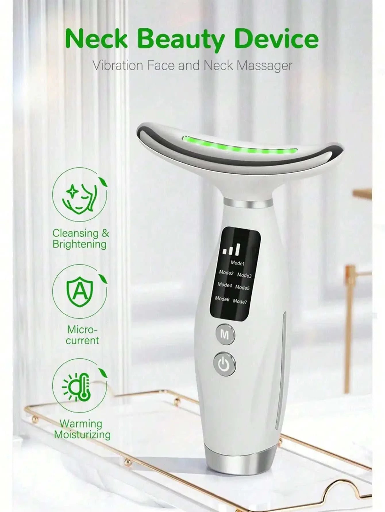 Colour Light Face & Neck Beauty Instrument with ergonomic grip, LED light therapy, 7 color modes, and vibration for skin cleansing, brightening, and moisturizing.