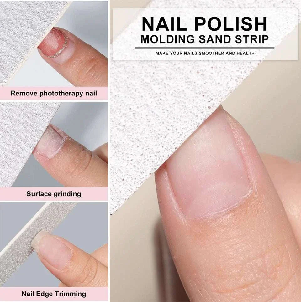 Nail polishing molding sand strip demonstrating phototherapy nail removal, surface grinding, and nail edge trimming for smooth nails.