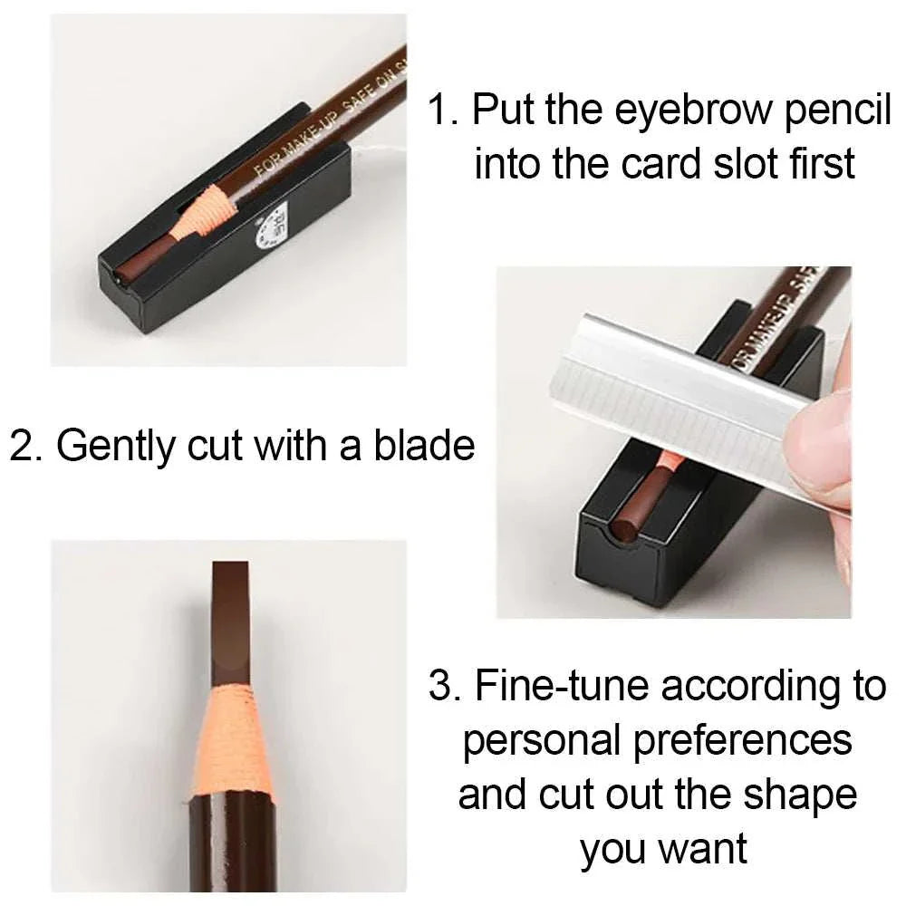 Eyebrow pencil being trimmed with a card slot and blade for precise shaping and customization.