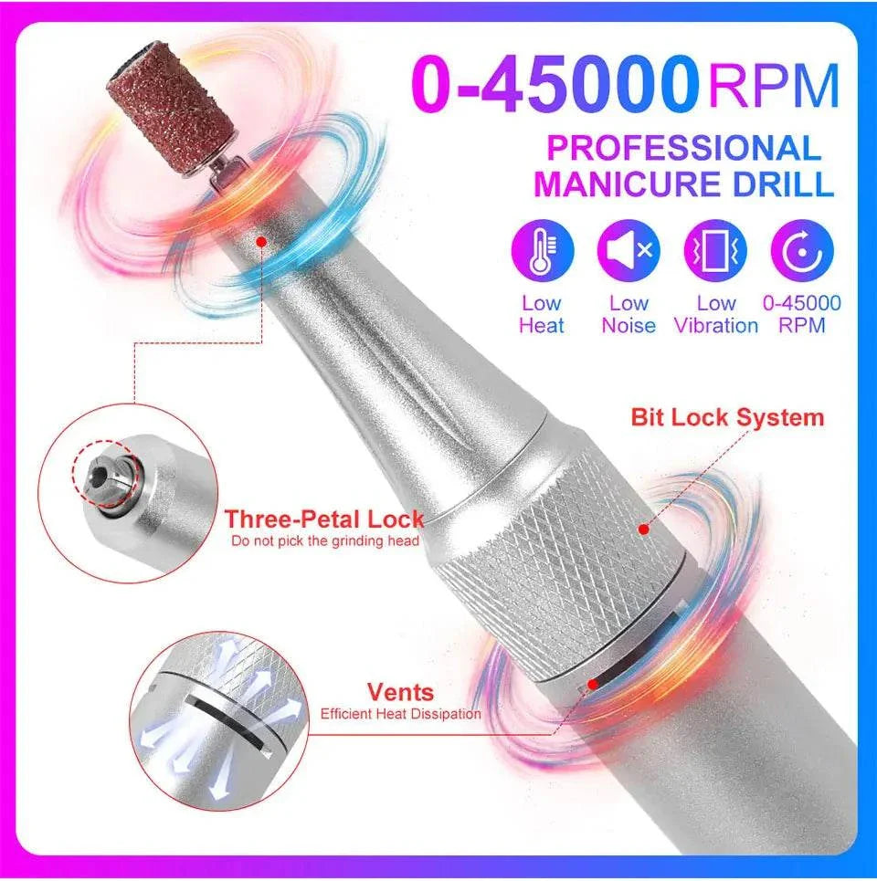 Rechargeable nail drill machine with 45,000 RPM, low noise, low vibration, heat dissipation vents, and bit lock system for professional manicure.