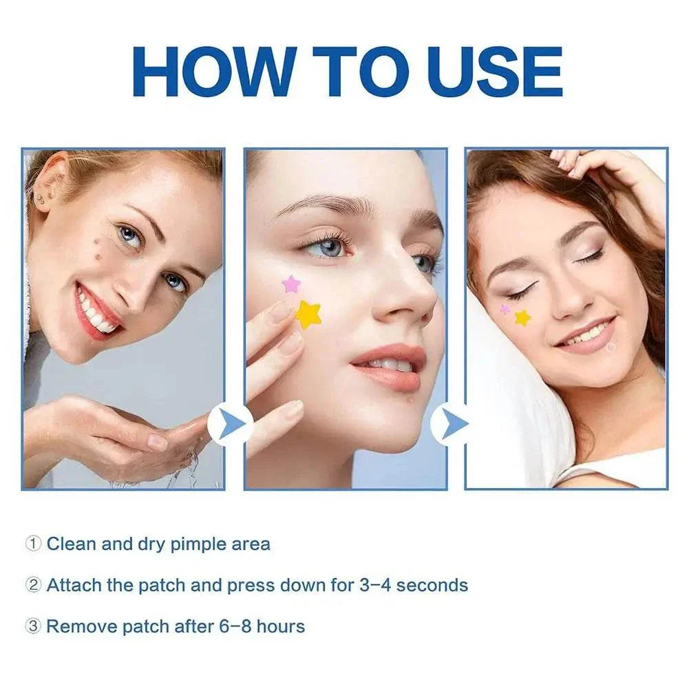 How to use Colorful Star Pimple Patch with three-step visual guide on applying colorful star-shaped acne patches to the face for skincare routine.