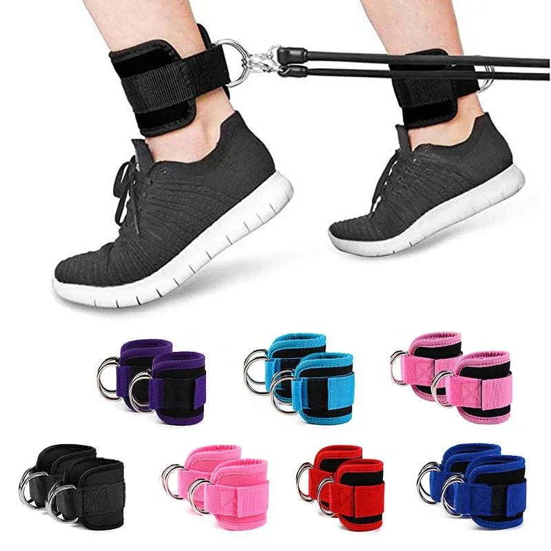 2PCS Ankle Straps with Double D-Rings for strength training and resistance workouts, adjustable with soft padding, shown in multiple colors.