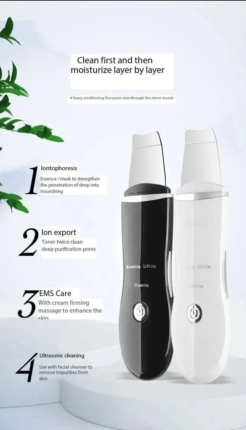 Blackhead remover device with ultrasonic cleaning and ion technology for deep pore cleansing and skin revitalization.