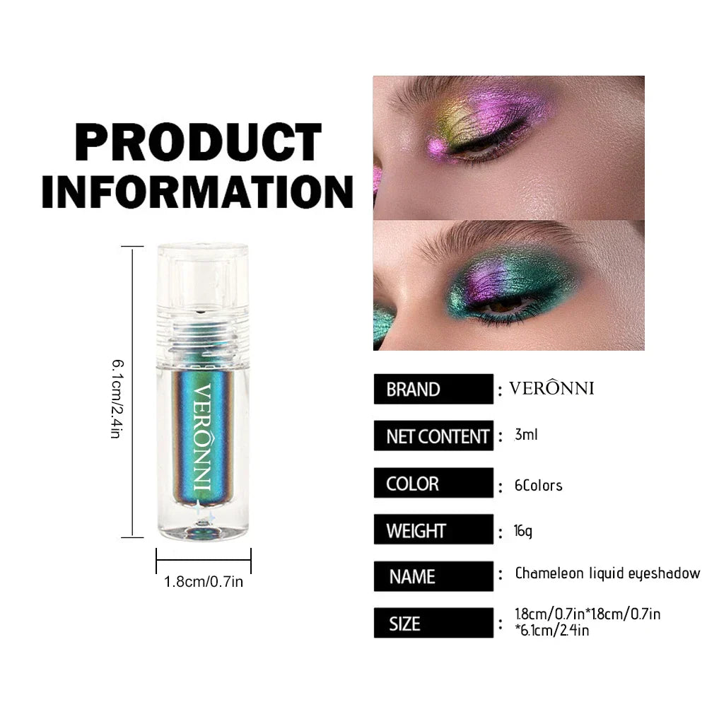 Chrome shifting chameleon liquid eyeshadow tube with iridescent multichrome shades on eyelids showing vibrant green, purple, and pink colors