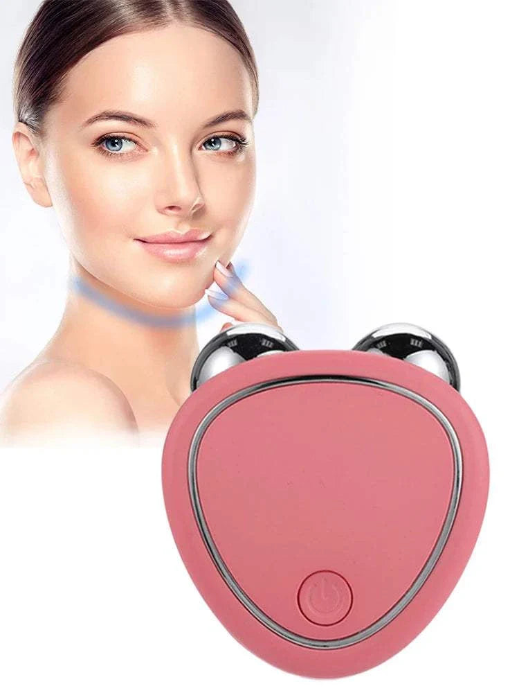 Pink EMS face lifting machine with dual microcurrent rollers for skin tightening and anti-wrinkle rejuvenation.
