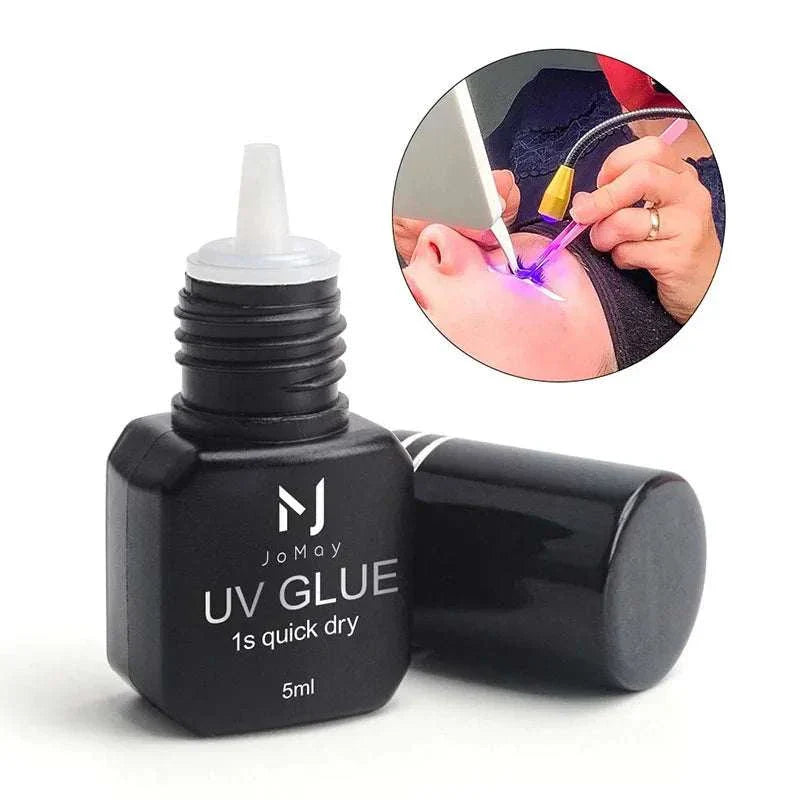 JOMAY UV Glue Adhesive black bottle for fast-drying lash extensions with UV light application shown