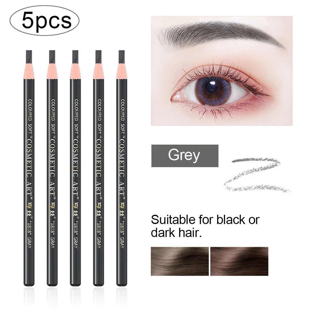 Set of 5 professional microblading eyebrow pencils in grey for black or dark hair, waterproof and precise with natural finish.