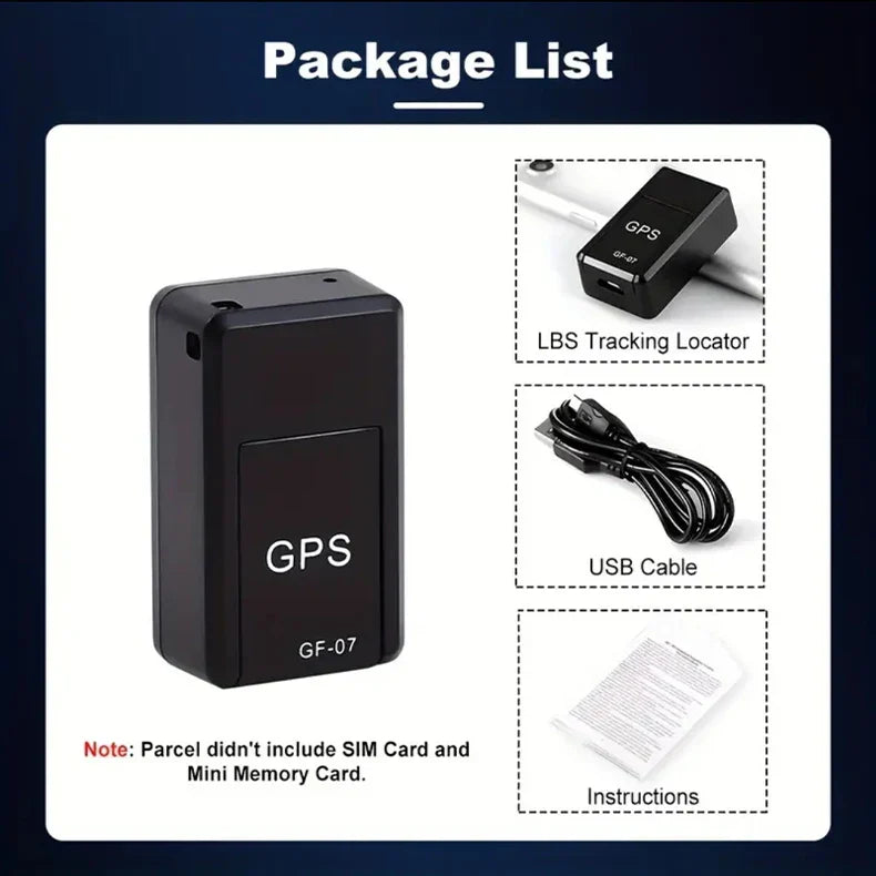 Micro Magnetic GPS Tracker with GPS locator, USB cable, and instructions for vehicle and personal tracking.