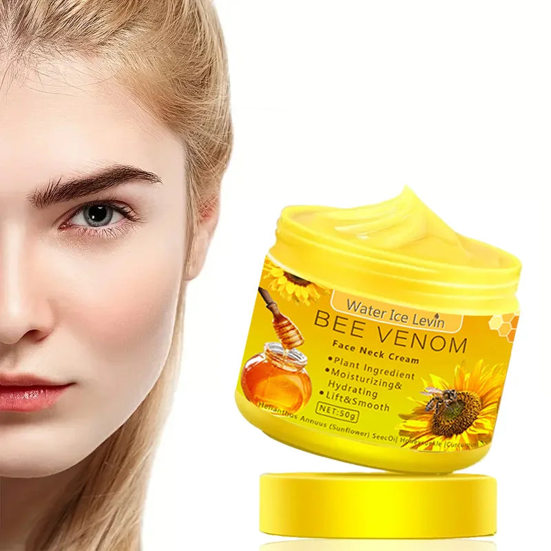 Bee Venom Neck Cream jar with honey and sunflower design beside woman’s smooth neck and face for firming and moisturizing skincare