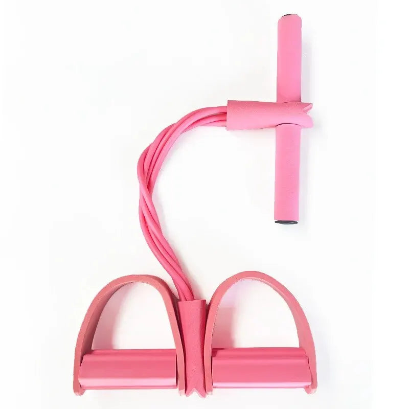 Pink Four-Tube Pedal Tensioner fitness band with ergonomic handles and foot pedals for resistance training