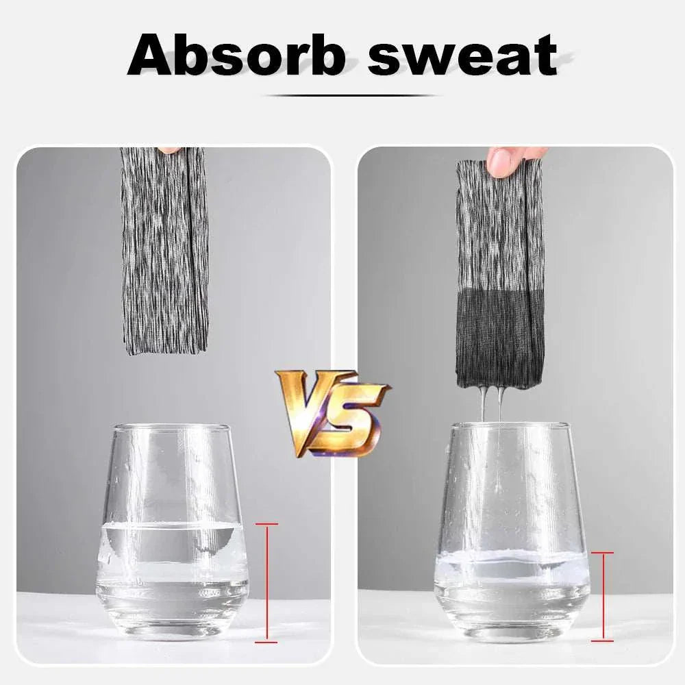 Comparison of two fabric pieces showing superior sweat absorption of the Fashion Sweatband Sport Headband with water dripping into a glass on a gray background