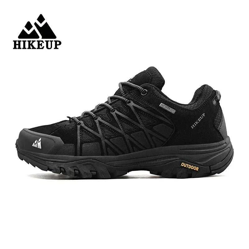 Black HIKEUP men's hiking shoe with durable construction, high-traction sole, breathable mesh, and cushioned midsole for outdoor adventures