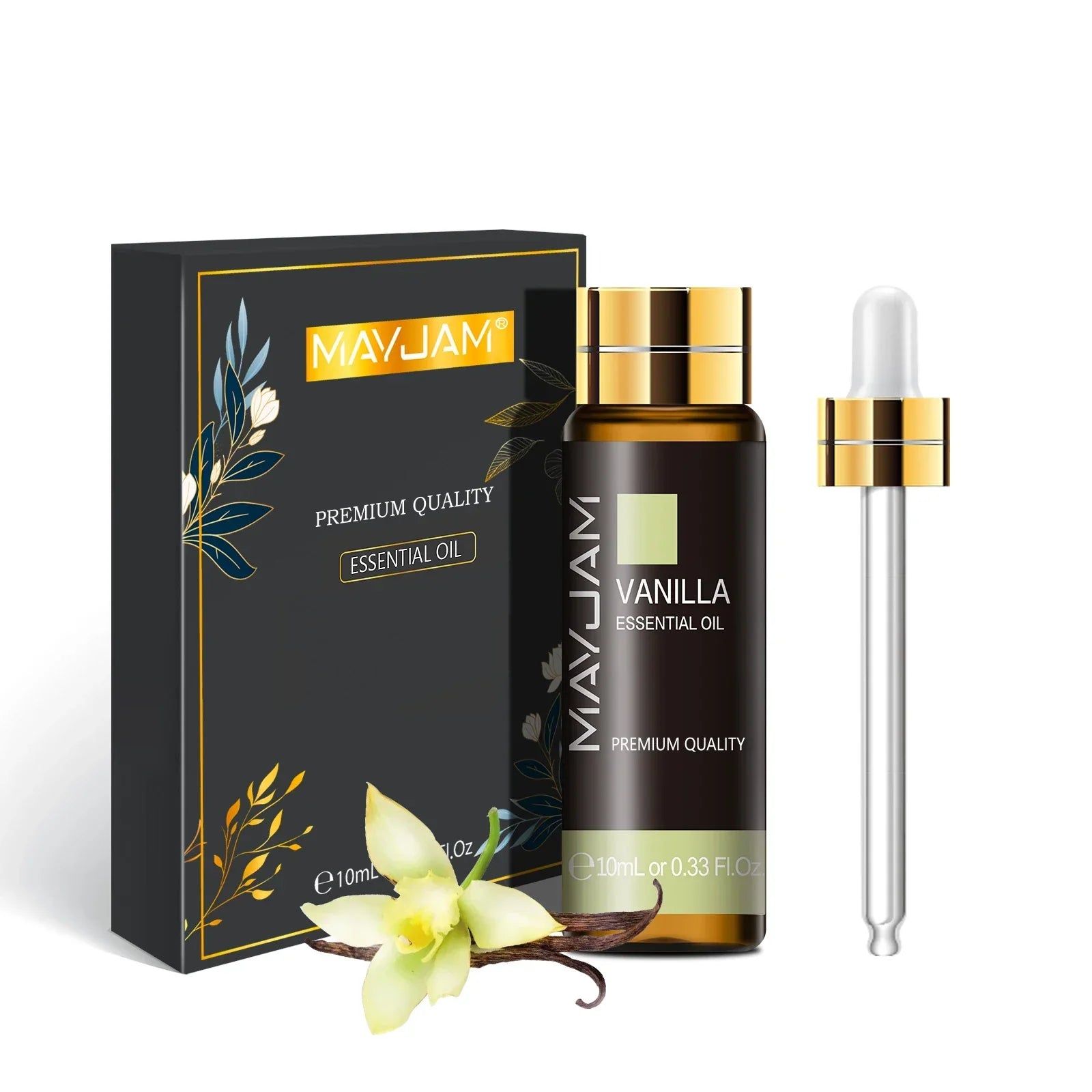 MAYJAM Essential Oil 10ml bottle with dropper and premium packaging featuring vanilla scent and natural ingredients