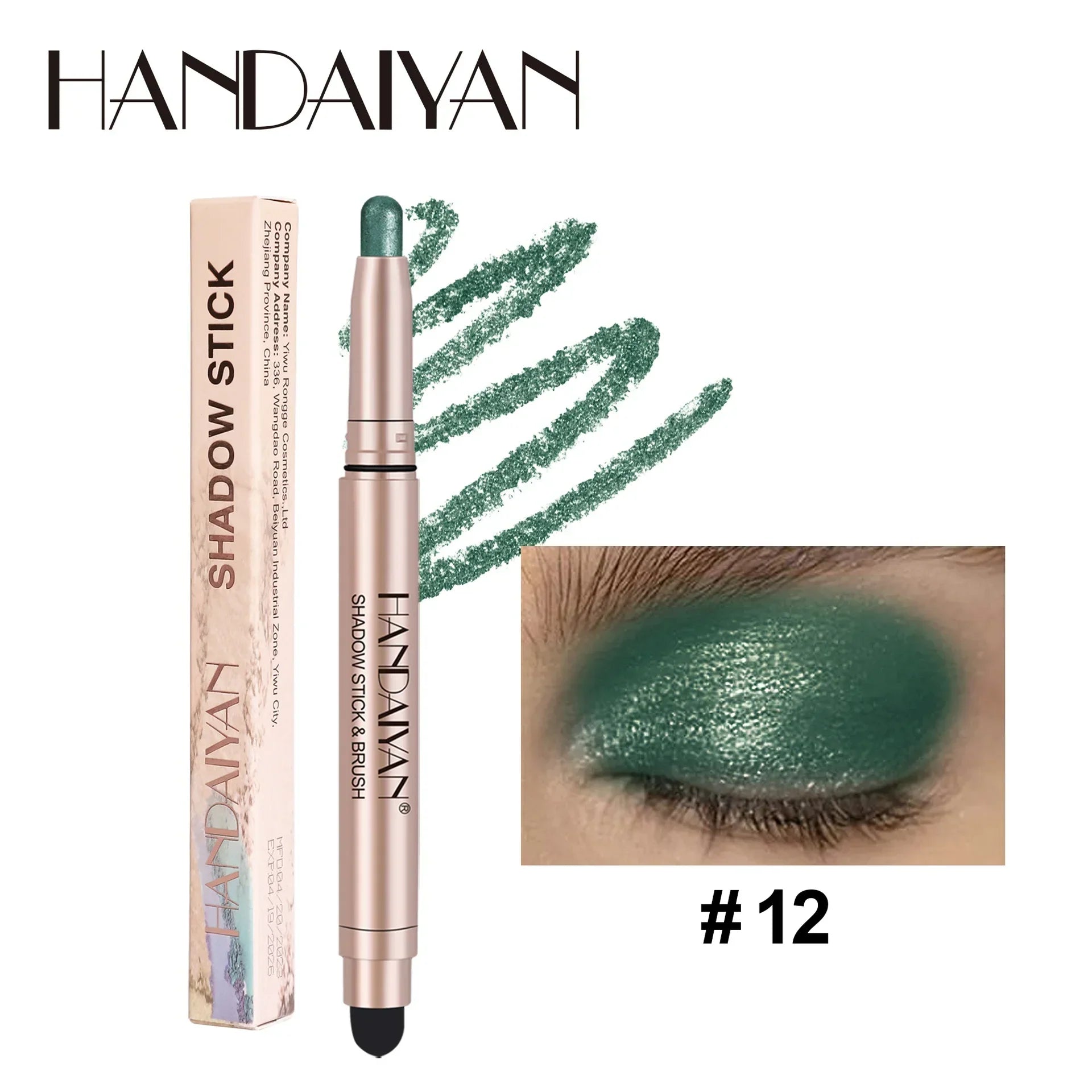 Handaiyan Highlighting Eye Shadow Stick in green shade with creamy shimmer and brush applicator shown on eyelid and packaging