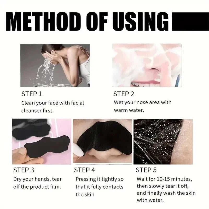 Bamboo Charcoal Nasal Strips application steps showing deep pore cleansing blackhead remover for clearer skin