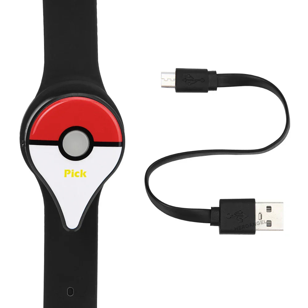 Auto Catch Powermon Go Plus smart Bluetooth wristband with Pokéball design and USB charging cable