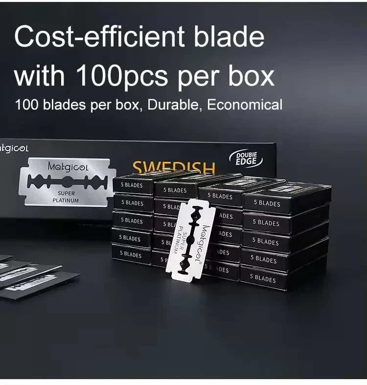 Stack of 100 premium stainless steel razor blades for double edge razor, individually wrapped and cost-efficient for shaving and grooming.