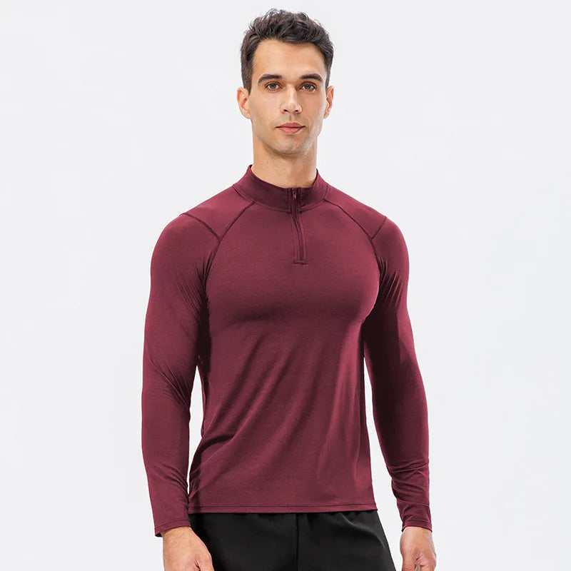 Men's autumn fitness long-sleeved slim-fit quick-dry running top with half-zip collar in maroon