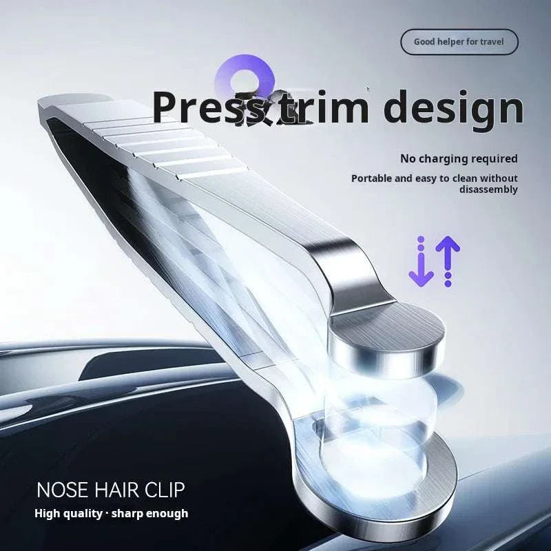 Stainless steel manual nose hair trimmer with press trim design, sharp blades, and portable travel-friendly body