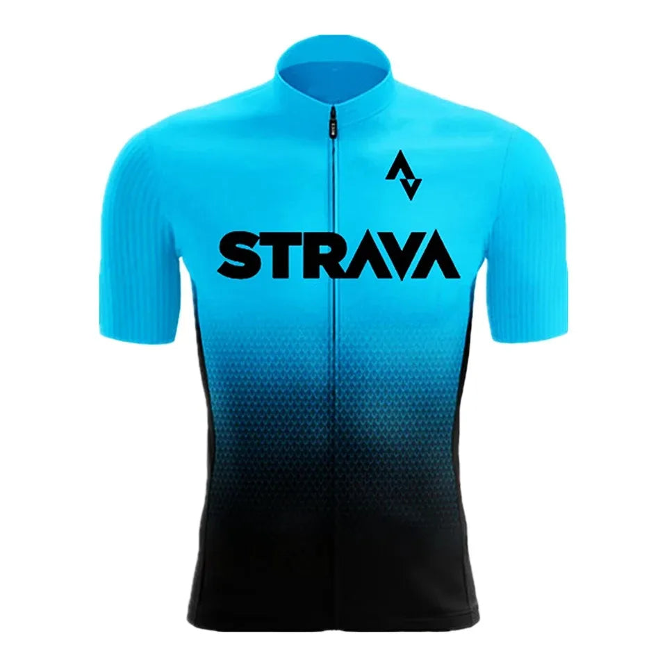 Strava Pro Cycling Jersey Set blue and black short sleeve breathable cycling jersey with full zipper