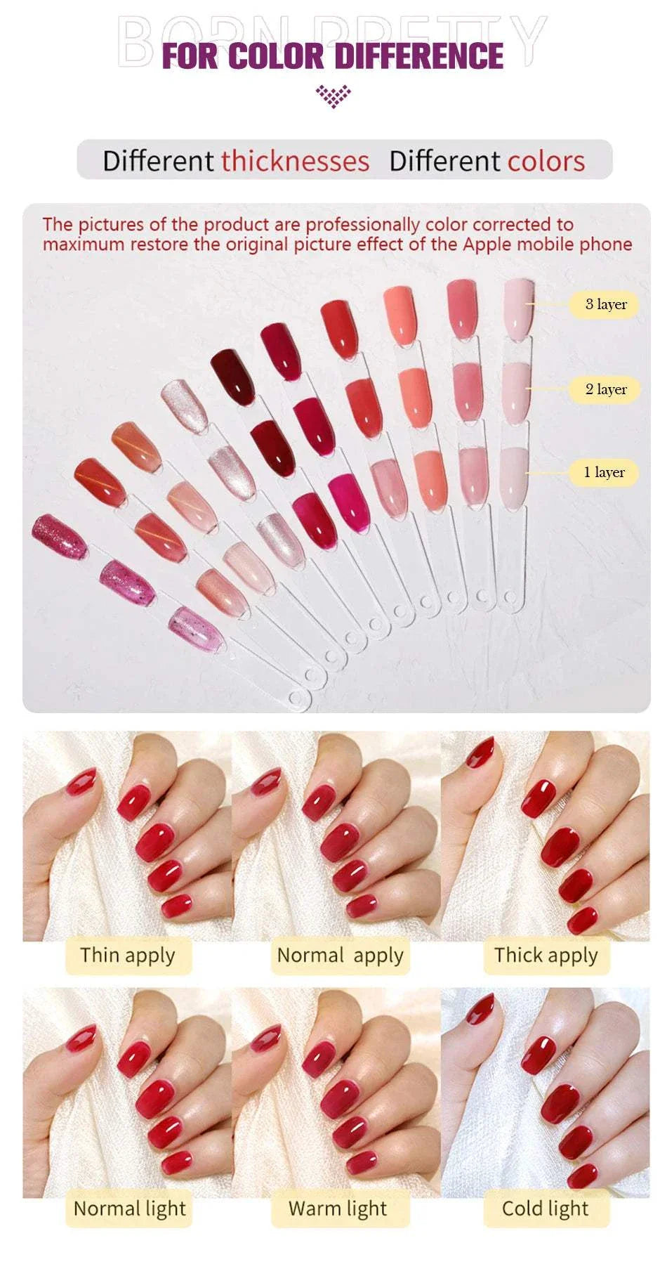 BORN PRETTY 10g Gel Nail Glue for rhinestones showing nail polish shades with different thicknesses and lighting conditions, demonstrating versatile nail art application and color clarity.