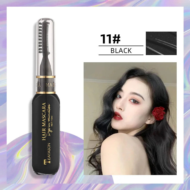 13 Colors One-Off Hair Color Mascara black shade with brush applicator and model showing colored hair look