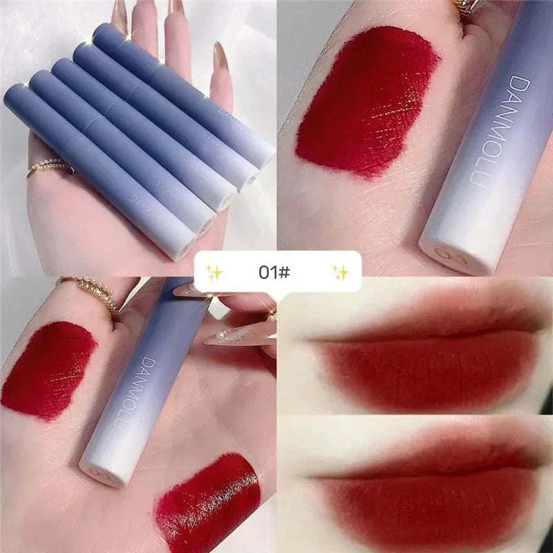 Matte lipstick set with 5 vibrant colors, long-lasting, waterproof, non-stick formula with smooth velvety finish.