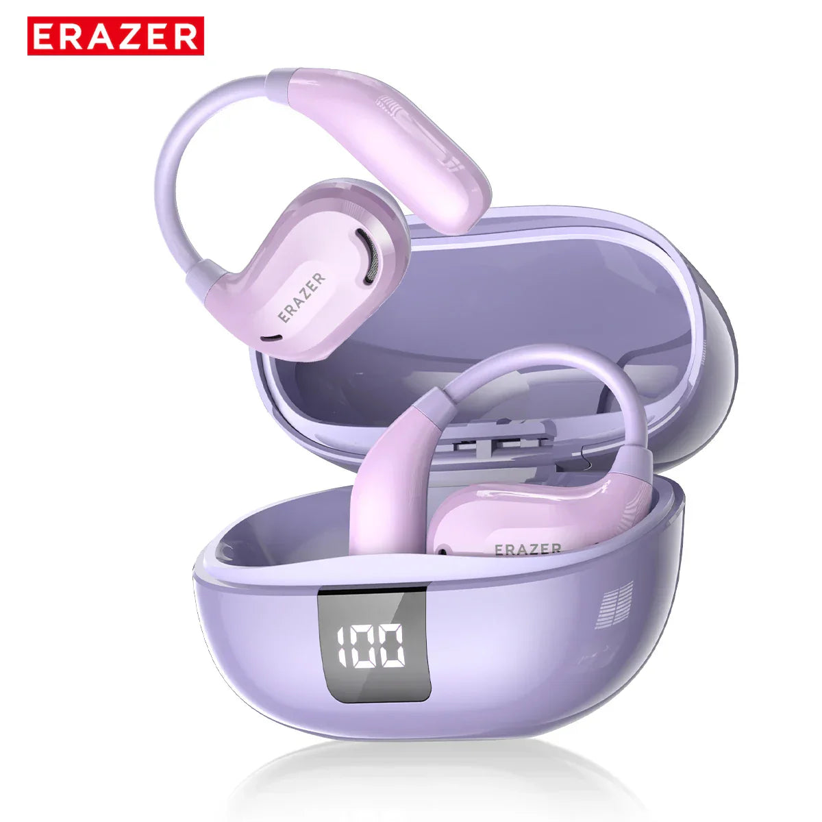 ERAZER XT66PRO Bluetooth earphones in pastel purple with LED display charging case and ergonomic design.