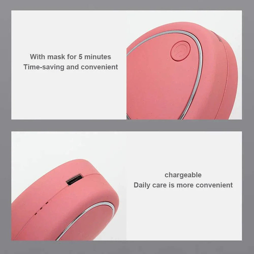 Pink EMS face lifting machine with microcurrent technology, rechargeable and compact for skin tightening and anti-wrinkle care.