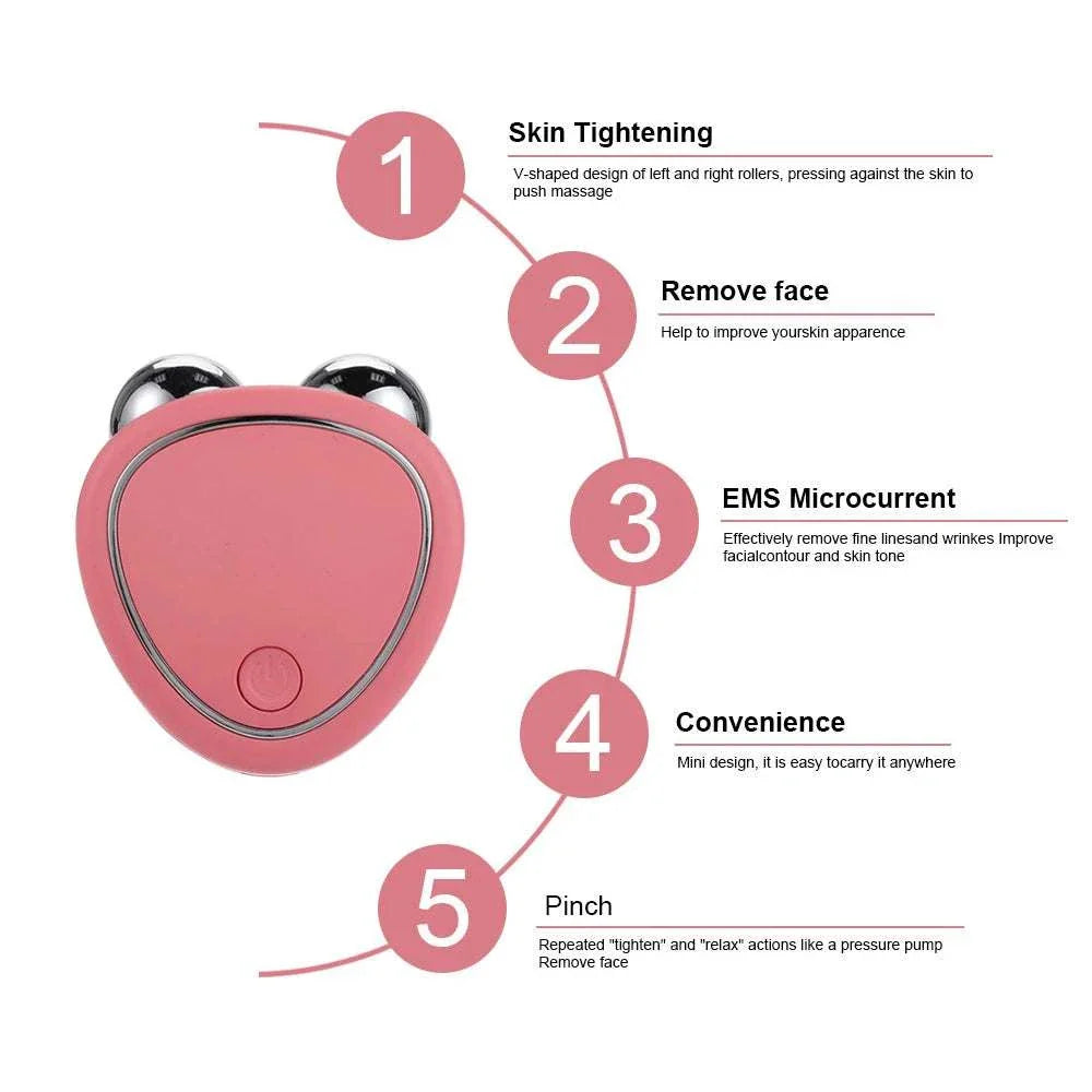 Pink EMS face lifting machine with dual microcurrent rollers for skin tightening and anti-wrinkle treatment
