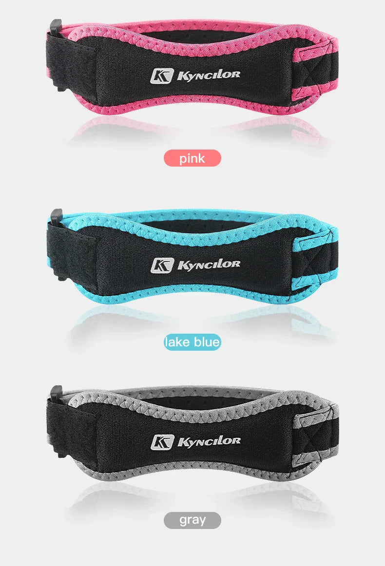 Adjustable silica gel knee tendon strap protector in pink, lake blue, and gray colors for knee support and injury prevention.