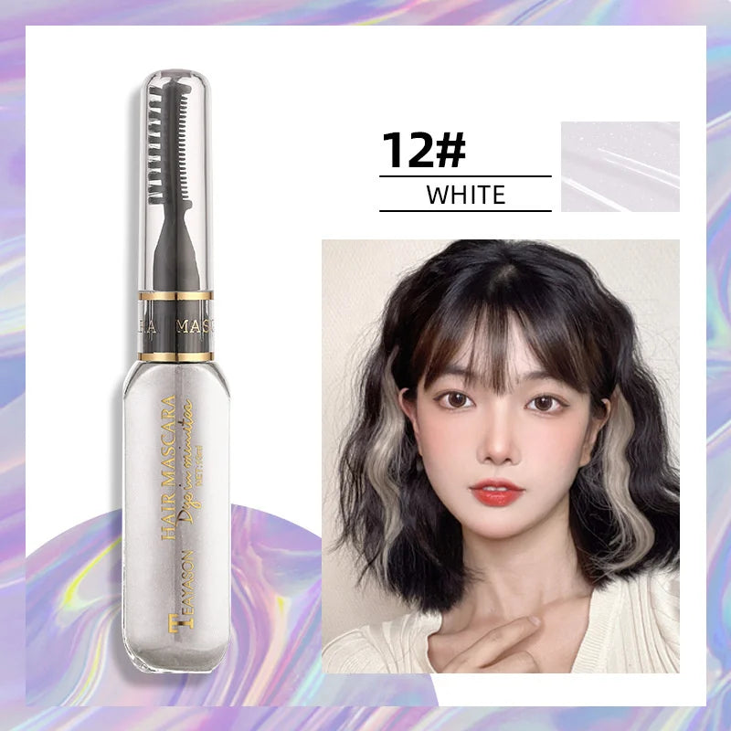 13 Colors One-Off Hair Color Mascara white shade with brush applicator and model showcasing temporary white hair highlights