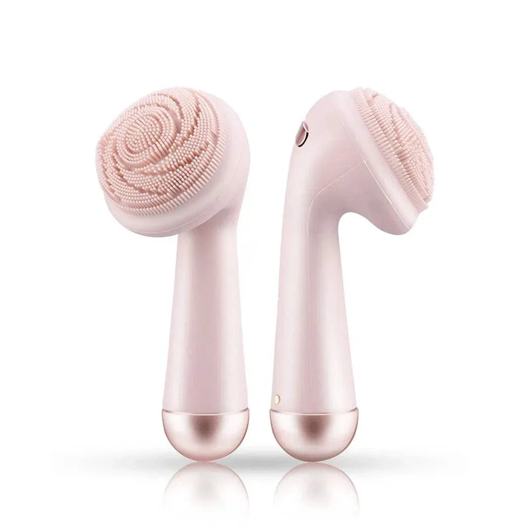 Electric silicone facial brush cleaner with soft bristles, vibration massage, waterproof design, and rechargeable battery.