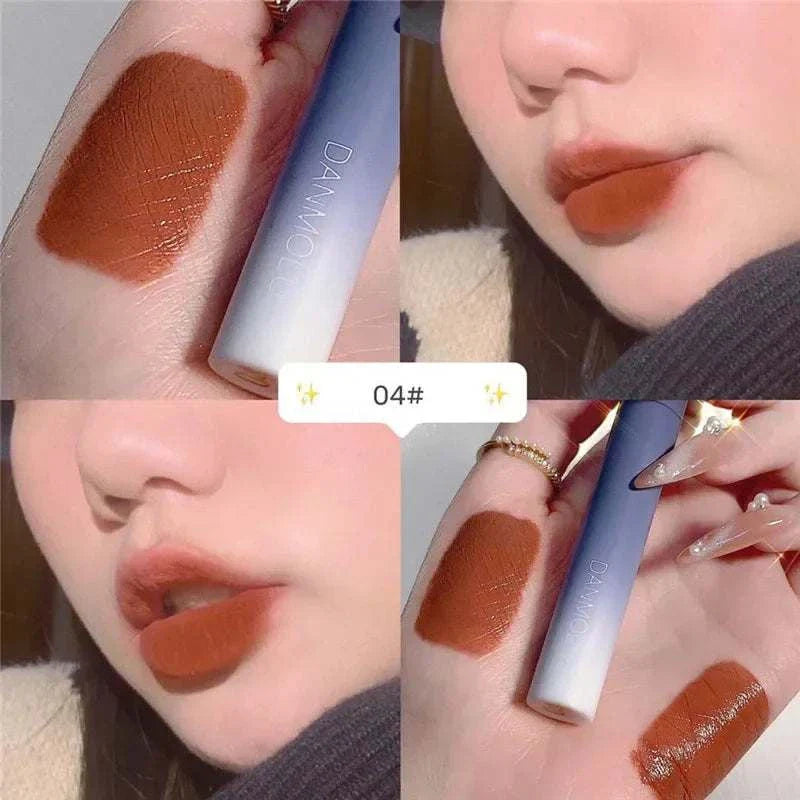 Matte Lipstick Set shade 04 applied on lips and swatched on hand showing rich, velvety brown color with smooth matte finish.