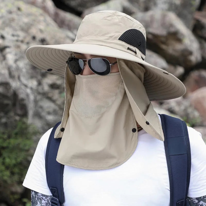 Breathable sunshade cap with wide brim and neck flap for UV protection and outdoor activities