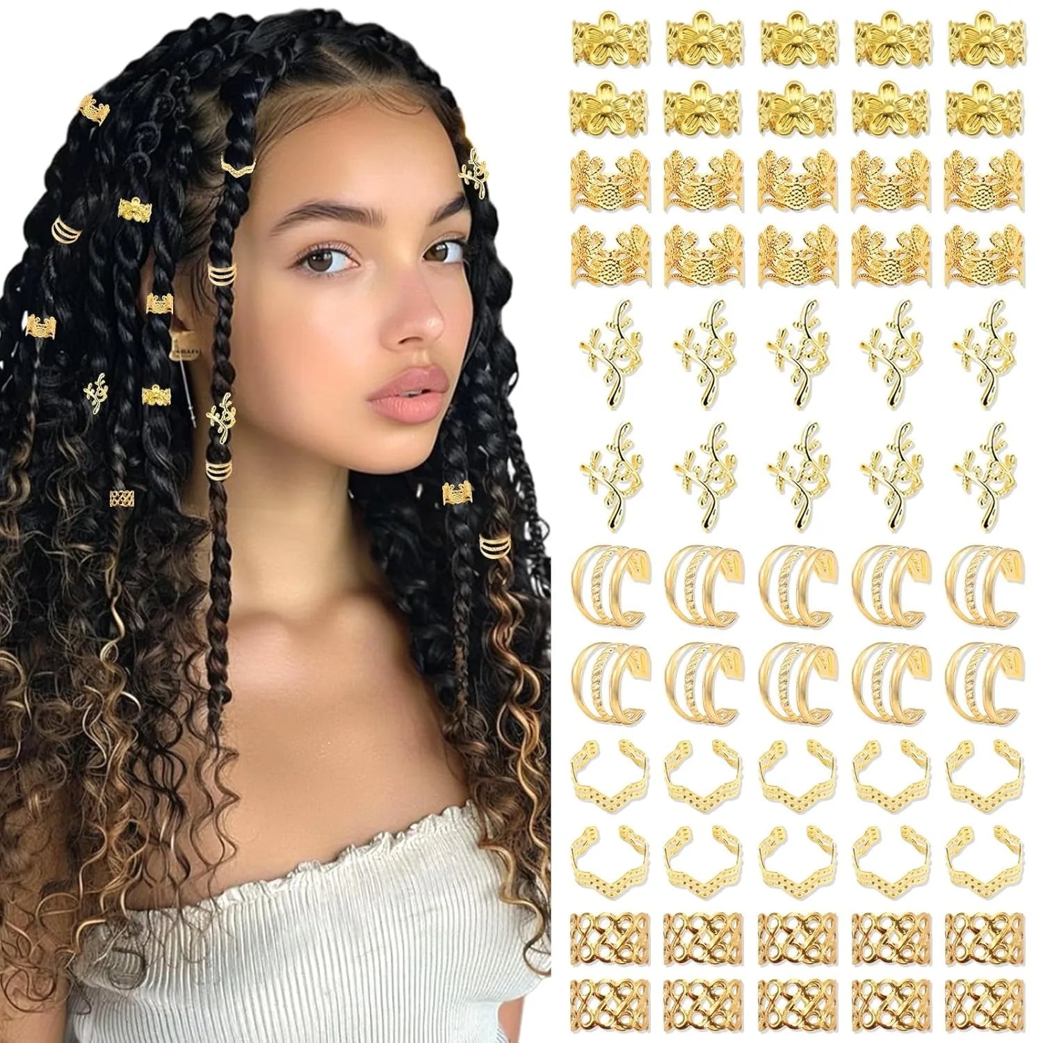 60PCS gold hair jewelry for braids with stylish clips, cuffs, and rings on braided hairstyle