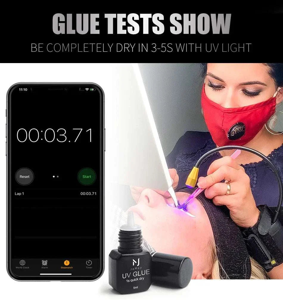 JOMAY UV Glue Adhesive fast-drying lash extension glue curing under UV light by professional technician