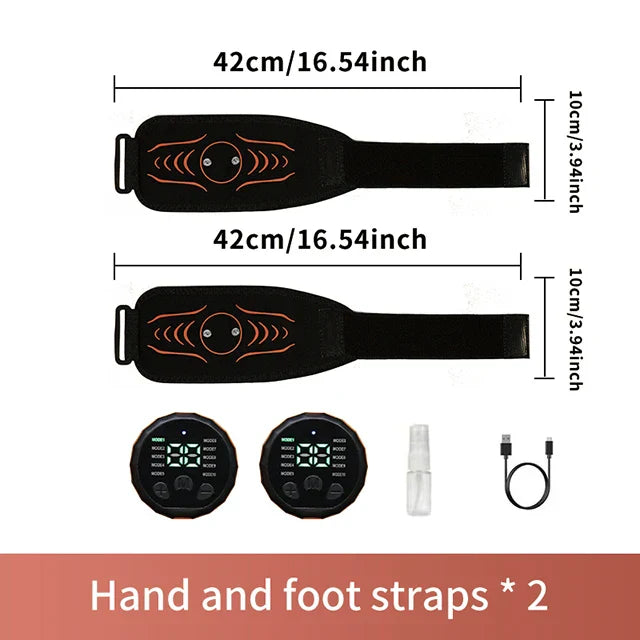 Smart Abdominal Massager and Muscle Toner Belt with EMS technology, vibration massage, adjustable intensity, USB rechargeable, includes hand and foot straps.