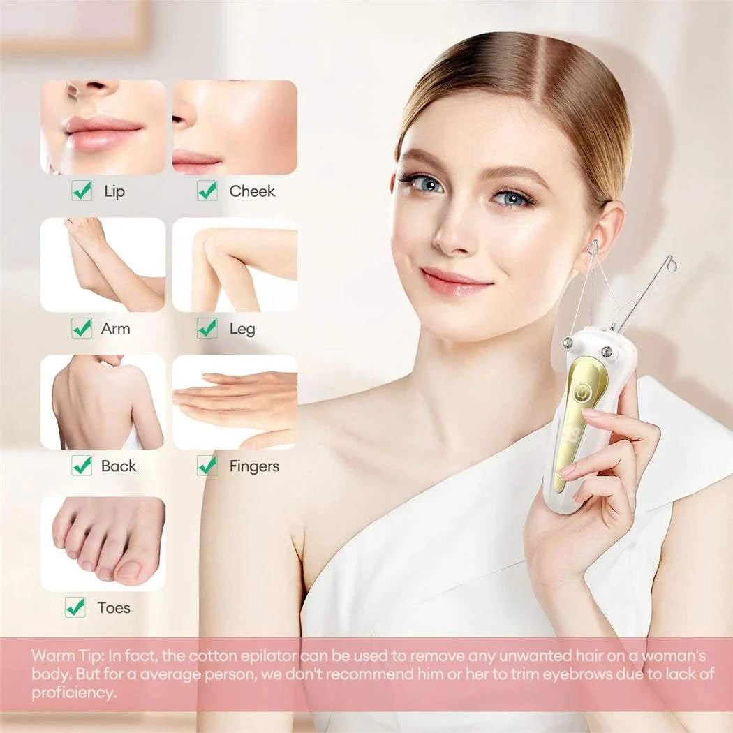 Woman holding electric body hair remover showing areas of use including lip, cheek, arm, leg, back, fingers, and toes for gentle hair removal