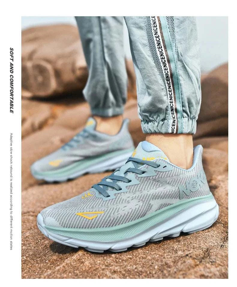 Lightweight unisex Carbon Plate Air Cushion running shoes with breathable mesh and durable rubber outsole designed for speed and comfort.