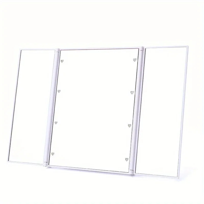 Portable three-sided LED makeup mirror with bright LED lighting and adjustable panels for versatile, travel-friendly use